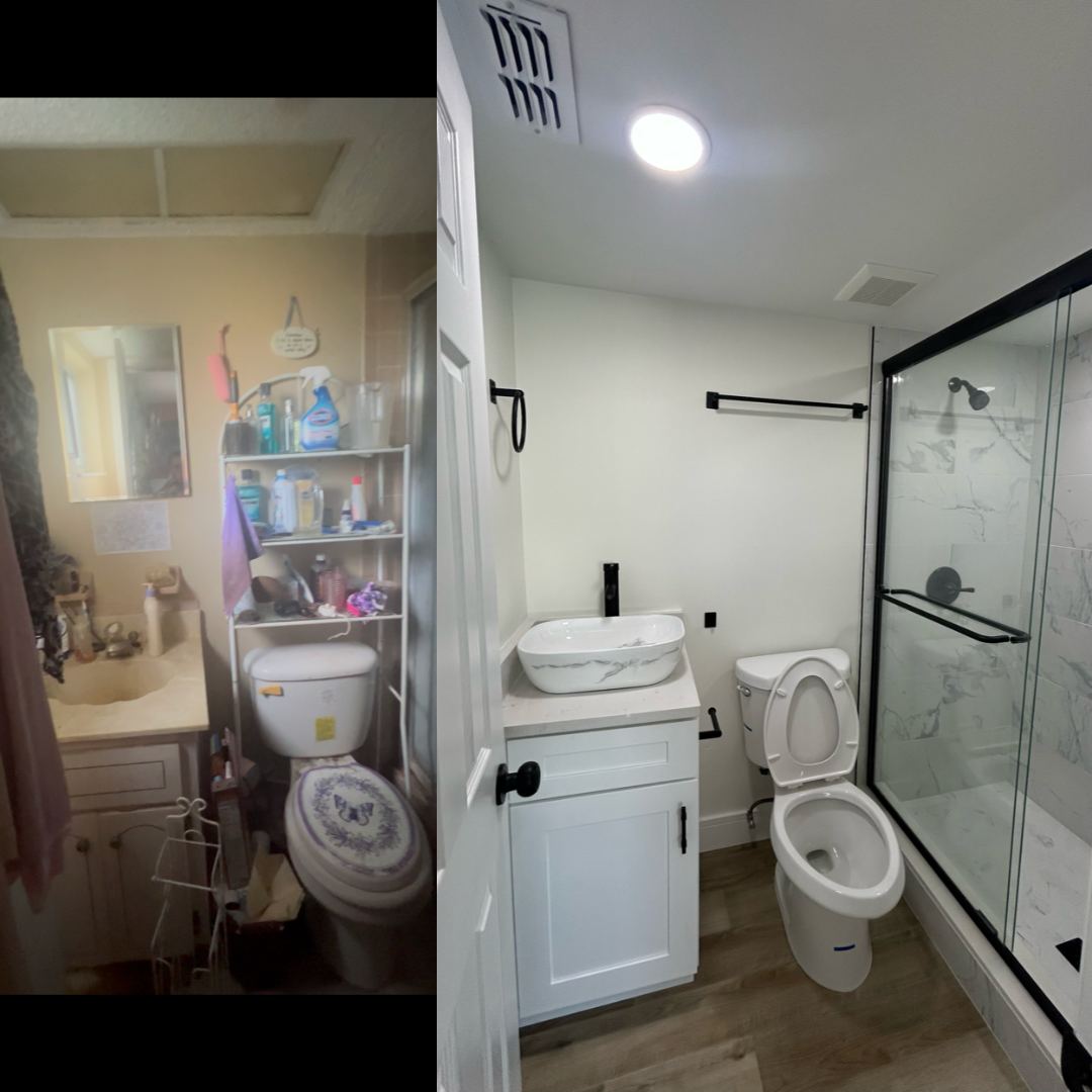 Bathroom remodel before and after — new vanity, glass shower door and tile, Tampa Bay area handyman