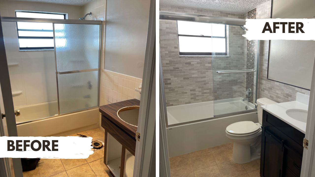 Bathroom shower remodel before and after — new glass door and tile, Tampa Bay area handyman