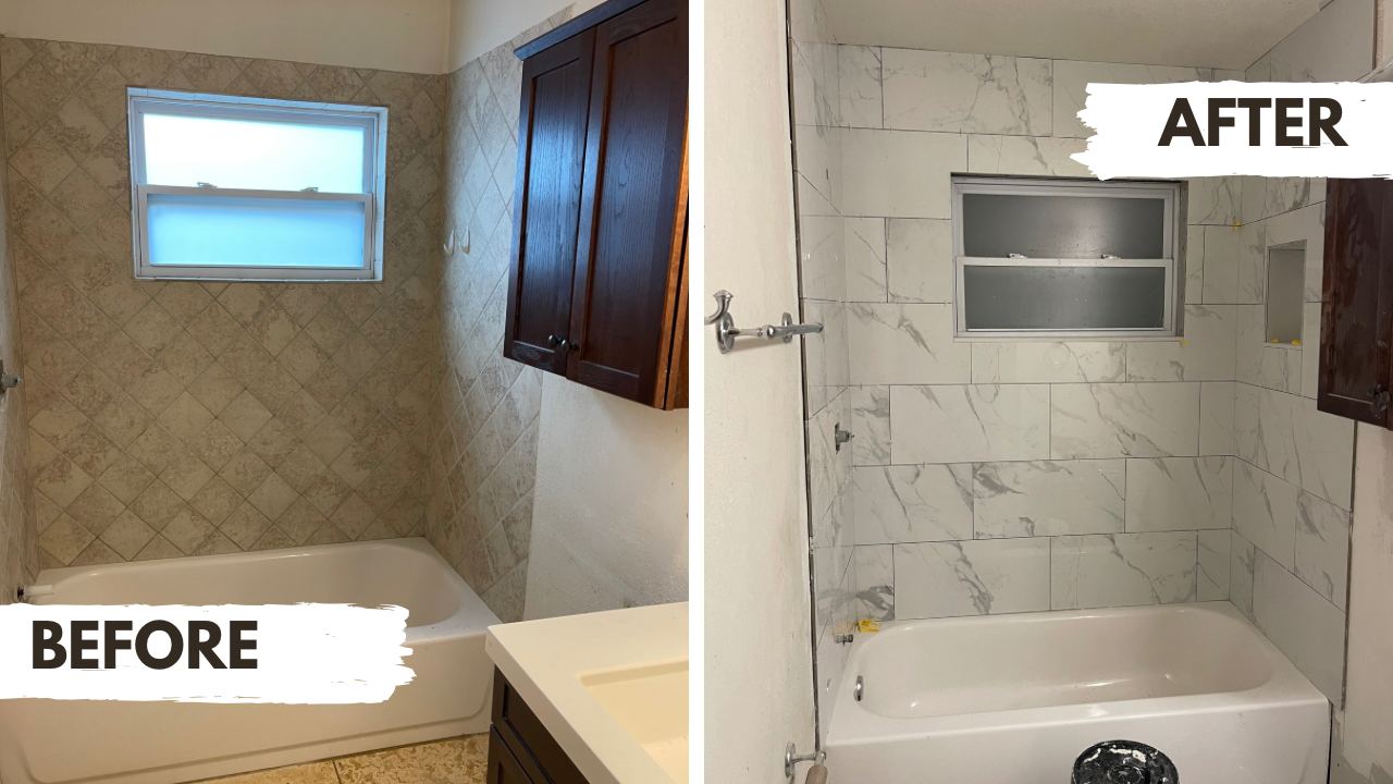 Bathroom tub and shower tile remodel before and after, Tampa Bay area handyman