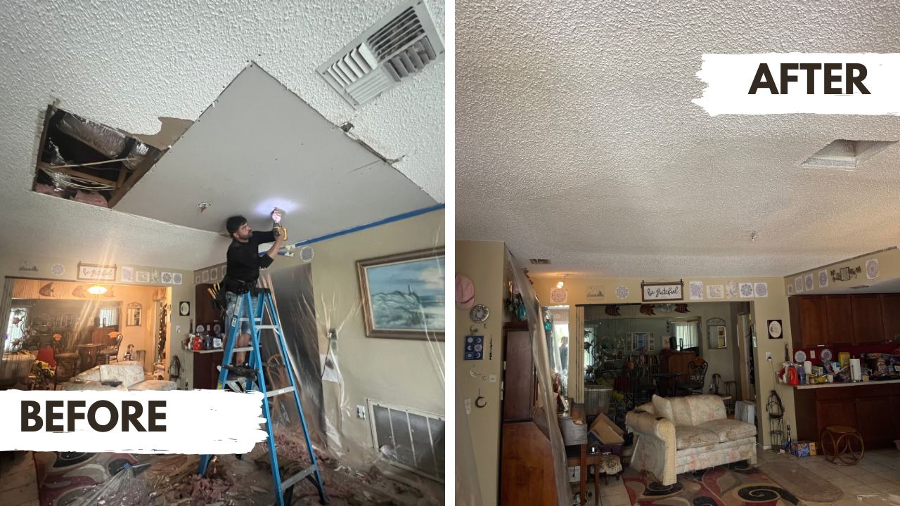 Drywall ceiling repair before and after, Tampa Bay area handyman