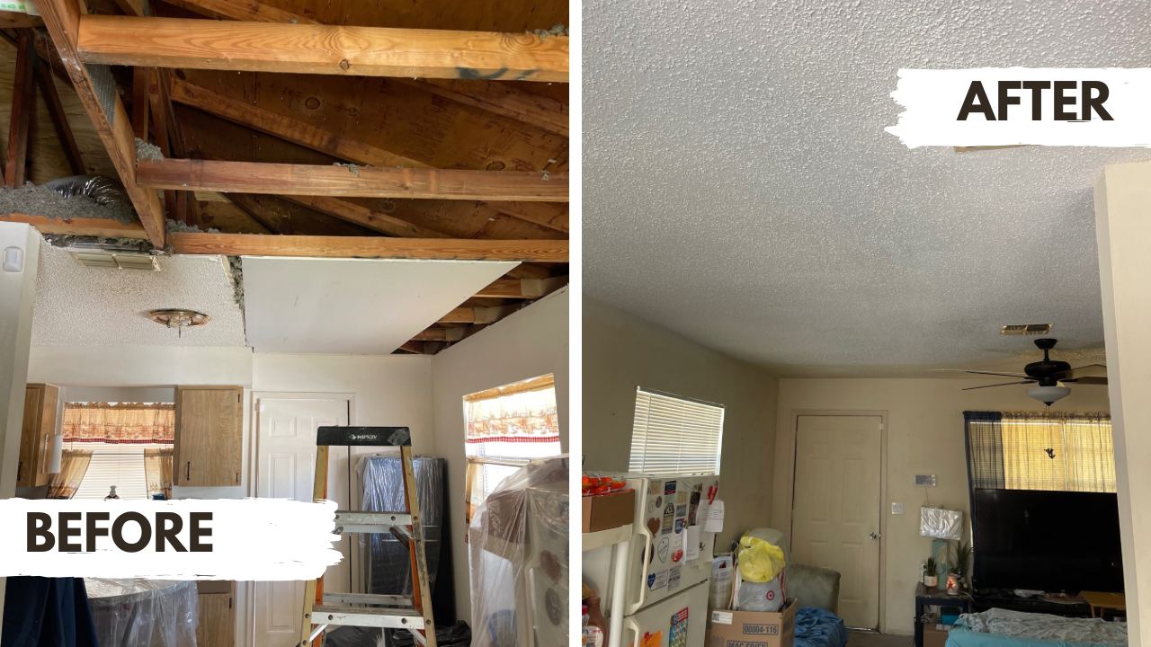 Drywall and ceiling repair before and after, exposed rafters patched and finished, Tampa Bay area handyman