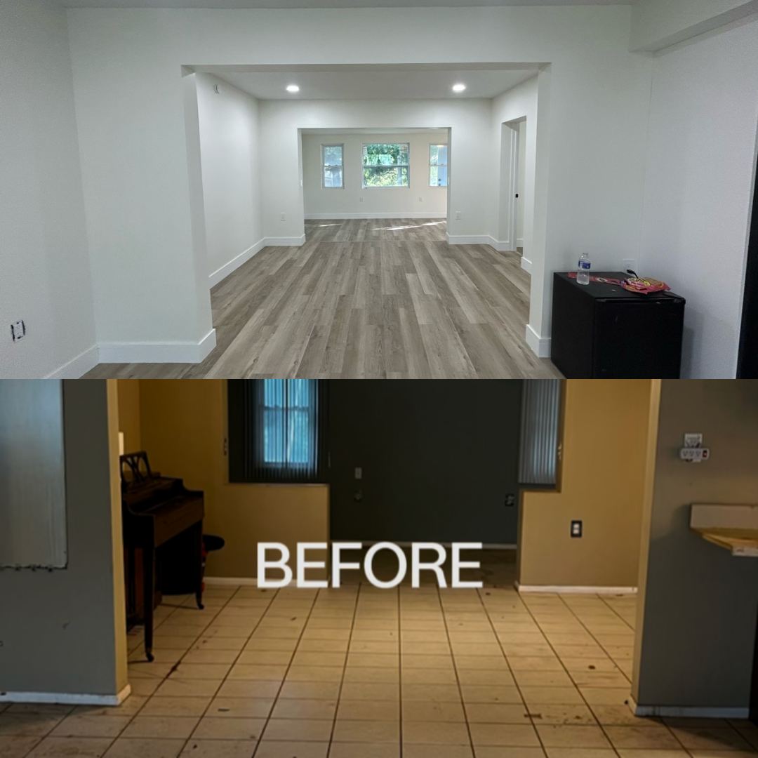 Flooring installation and open-concept living room remodel before and after, Tampa Bay area handyman