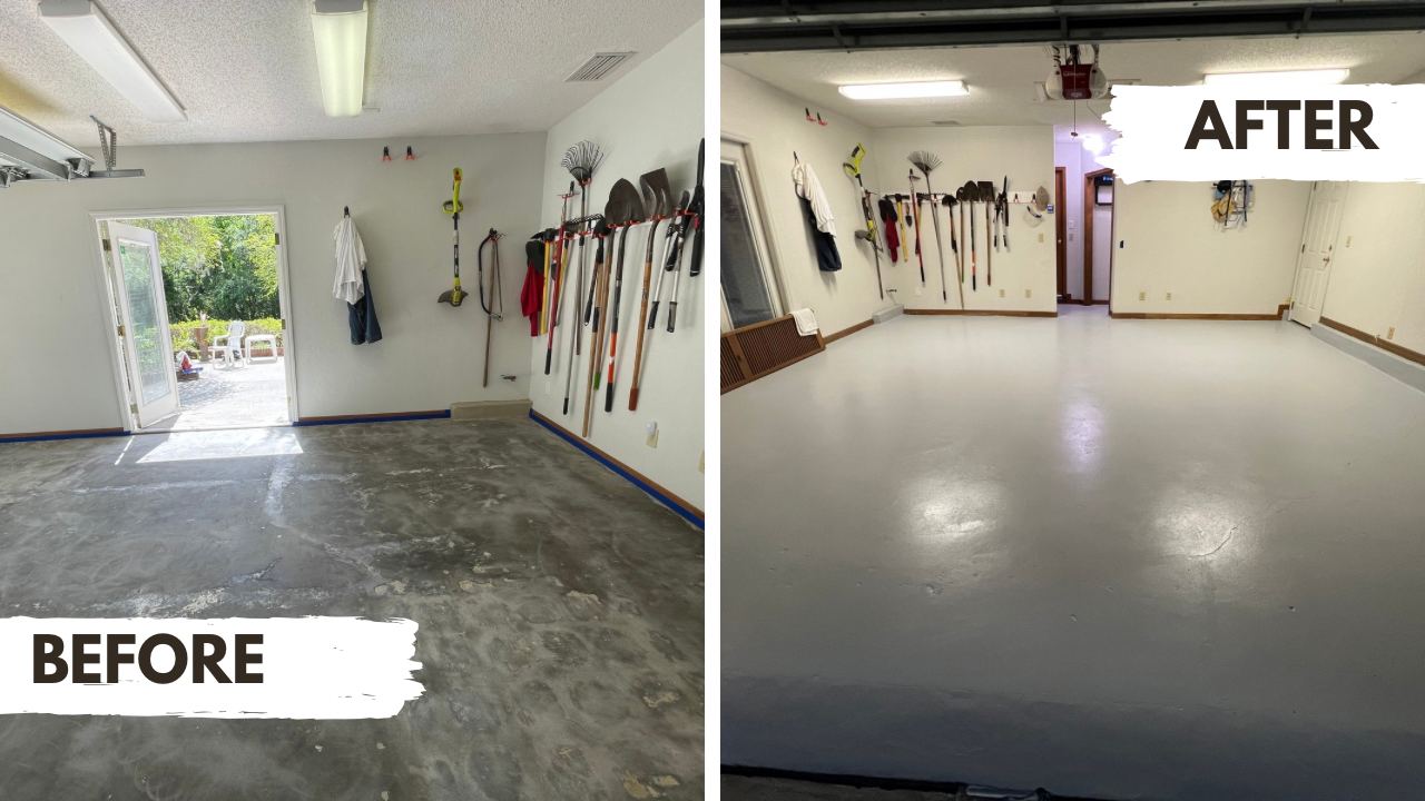 Garage floor epoxy coating before and after, Tampa Bay area handyman
