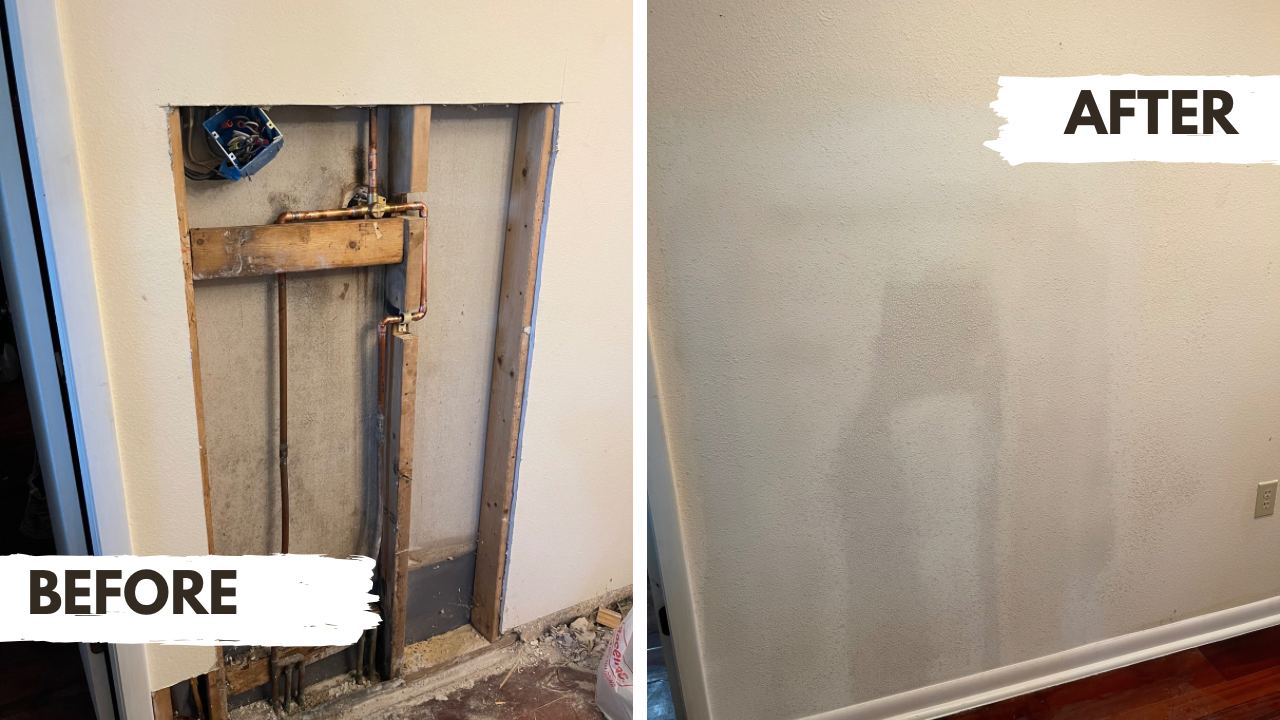 Plumbing wall repair before and after — pipes closed up and wall patched, Tampa Bay area handyman